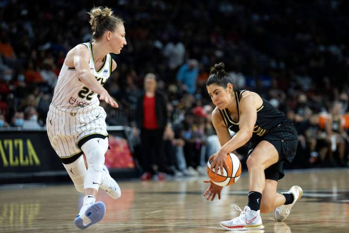 Las Vegas Aces guard Kelsey Plum (10) dribbles against Chicago Sky guard Courtney Vandersloot ( ...