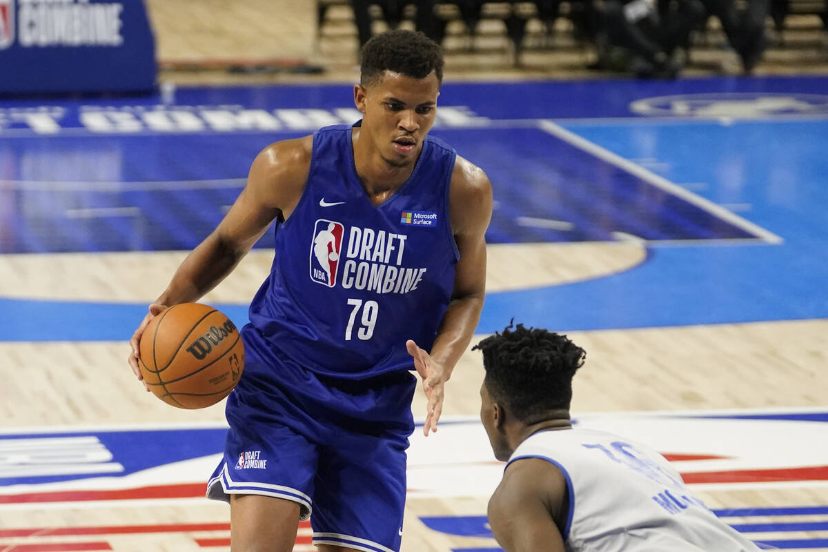 Orlando Robinson participates in the NBA basketball draft combine at the Wintrust Arena Friday, ...