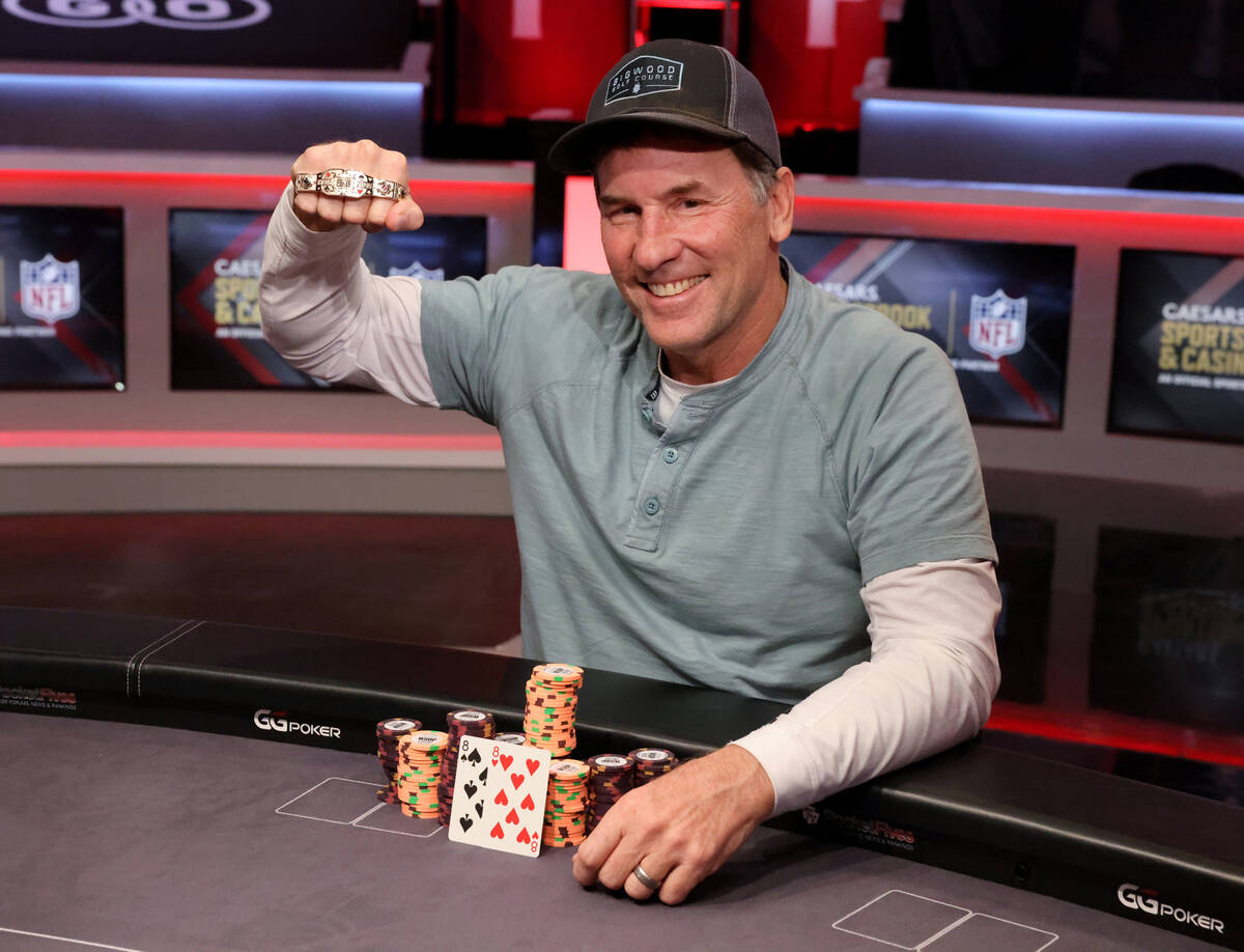 Eric Smidinger celebrates winning the World Series of Poker $1,000 buy-in Seniors No-limit Hold ...