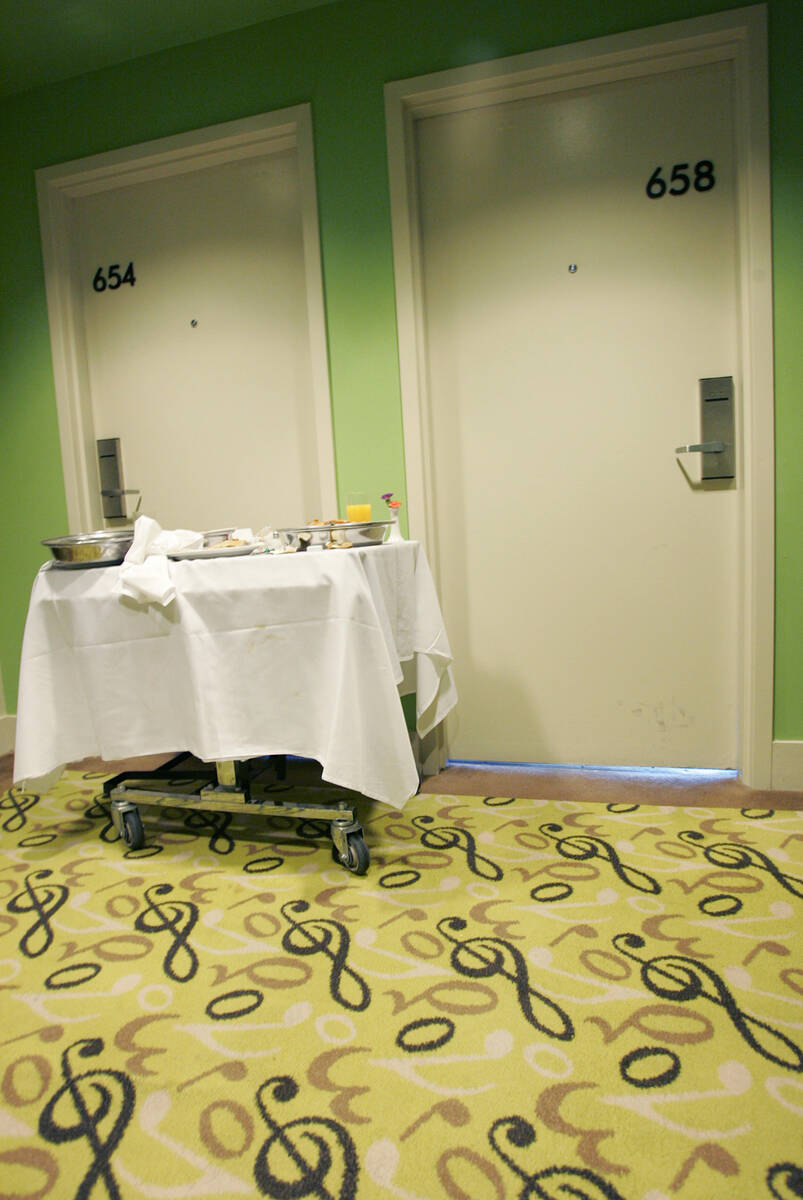 A room service cart is shown next to Room 658 at the Hard Rock Hotel on September 28, 2007, in ...