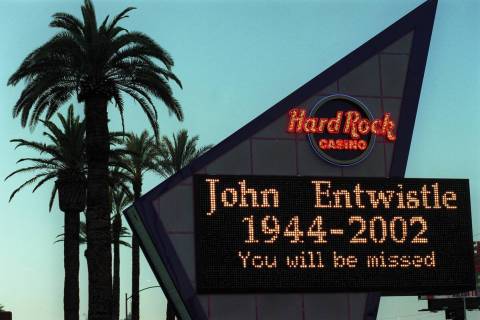 The marquee outside of the Hard Rock Casino in Las Vegas is adorned with the name of John Entwi ...