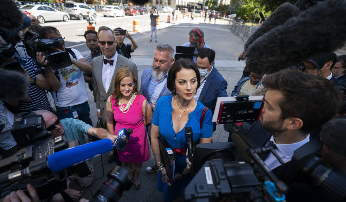 Sarah Ransome, an alleged victim of Jeffrey Epstein and Ghislaine Maxwell, right, alongside Eli ...