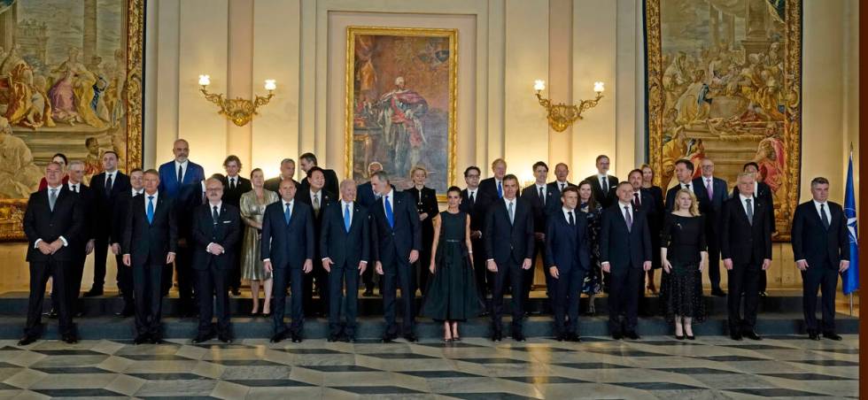 U.S. President Joe Biden, center left, speaks with Spain's King Felipe, center, during a group ...