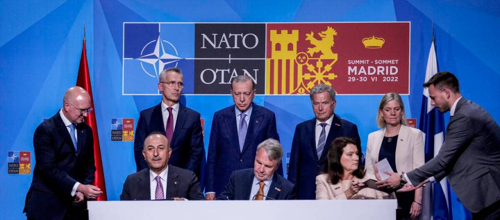 From left to right background: NATO Secretary General Jens Stoltenberg, Turkish President Recep ...