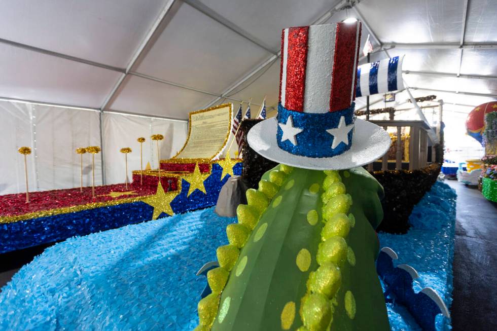 Parade floats are seen during a Summerlin Patriotic Parade media preview at Trails Park in Las ...