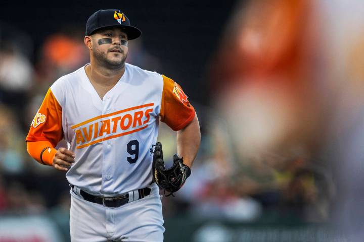 Aviators infielder Vimael Machin (9) takes the field during a minor league baseball game agains ...