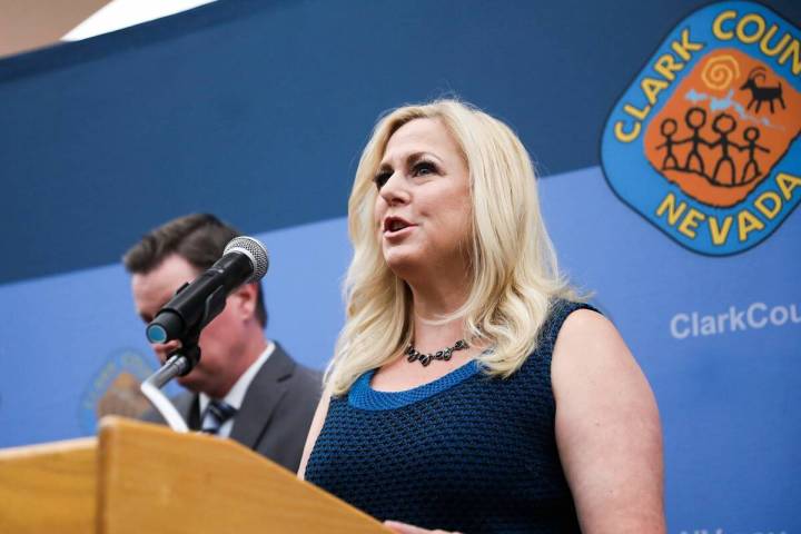 Las Vegas Justice Court Judge Melissa Saragosa speaks at a press conference in May 2021. (Rache ...