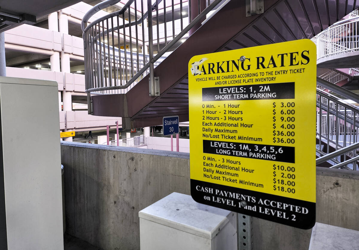 A view of the public parking garage rates at Harry Reid International Airport on Wednesday, Jun ...