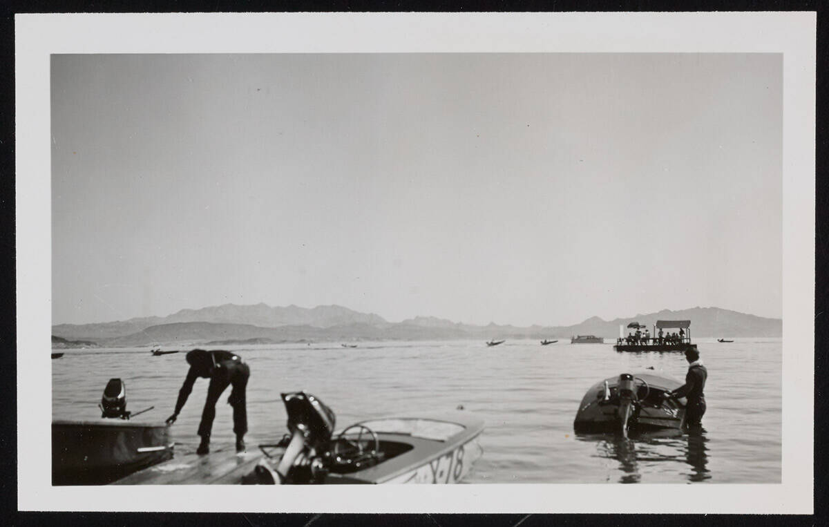 Close up image of boaters preparing for upcoming races in the waters of Lake Mead in 1950. (Uni ...