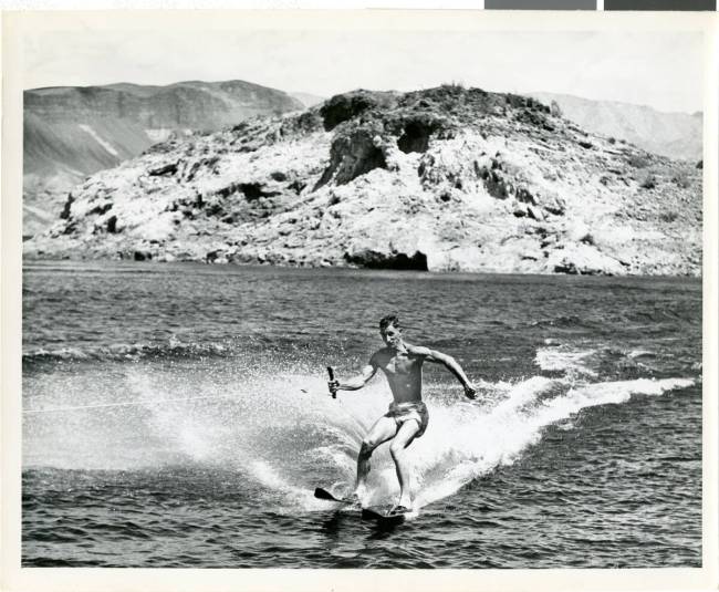 An unidentified man water skis down Lake Mead between 1945 and 1949. (Courtesy of the Ward Lind ...
