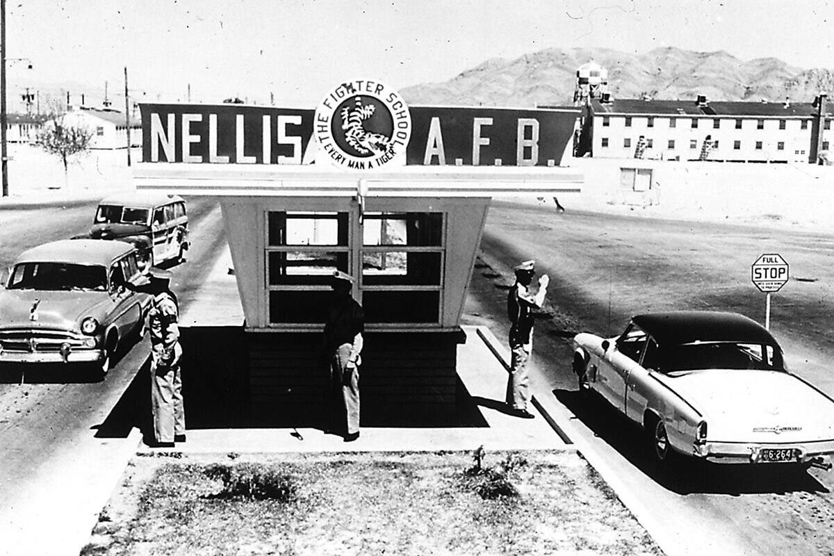 Airmen check vehicles at the front gate of Nellis Air Force Base in the 1950s. (File/Las Vegas ...
