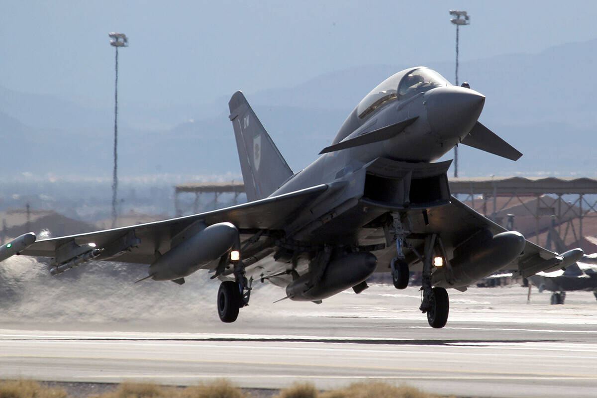 A Royal Air Force Typhoon takes off at Nellis Air Force Base as part of Red Flag exercises, Wed ...