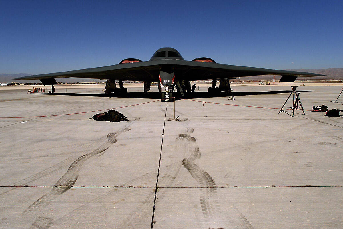 A B-2 Bomber sits on the flight line during a media tour of the aircraft at Nellis Air Force Ba ...