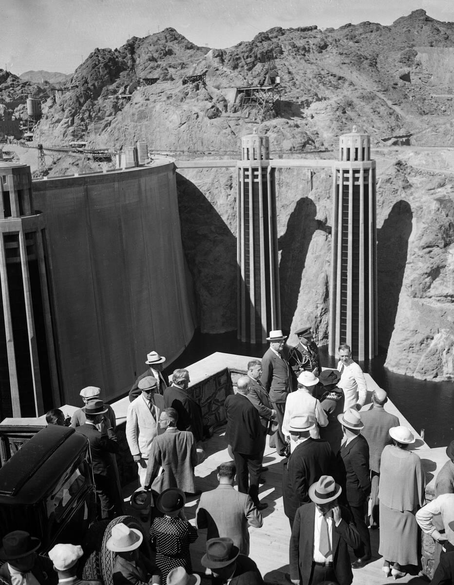 Pres. Franklin D. Roosevelt is shown on top of the Boulder Dam, nearly complete except for powe ...