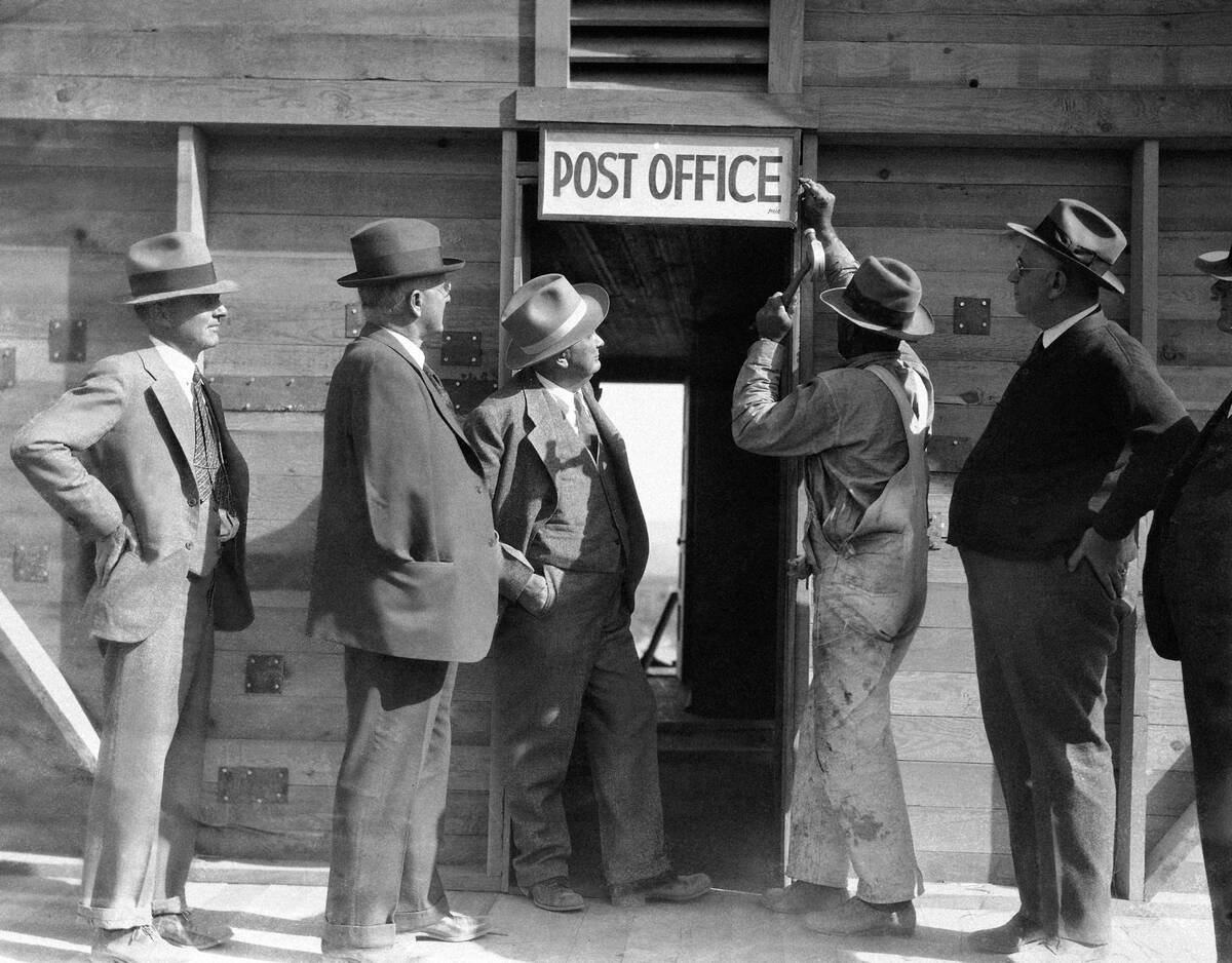 On the eve of the opening of the post office of Boulder City, the new town which is springing u ...