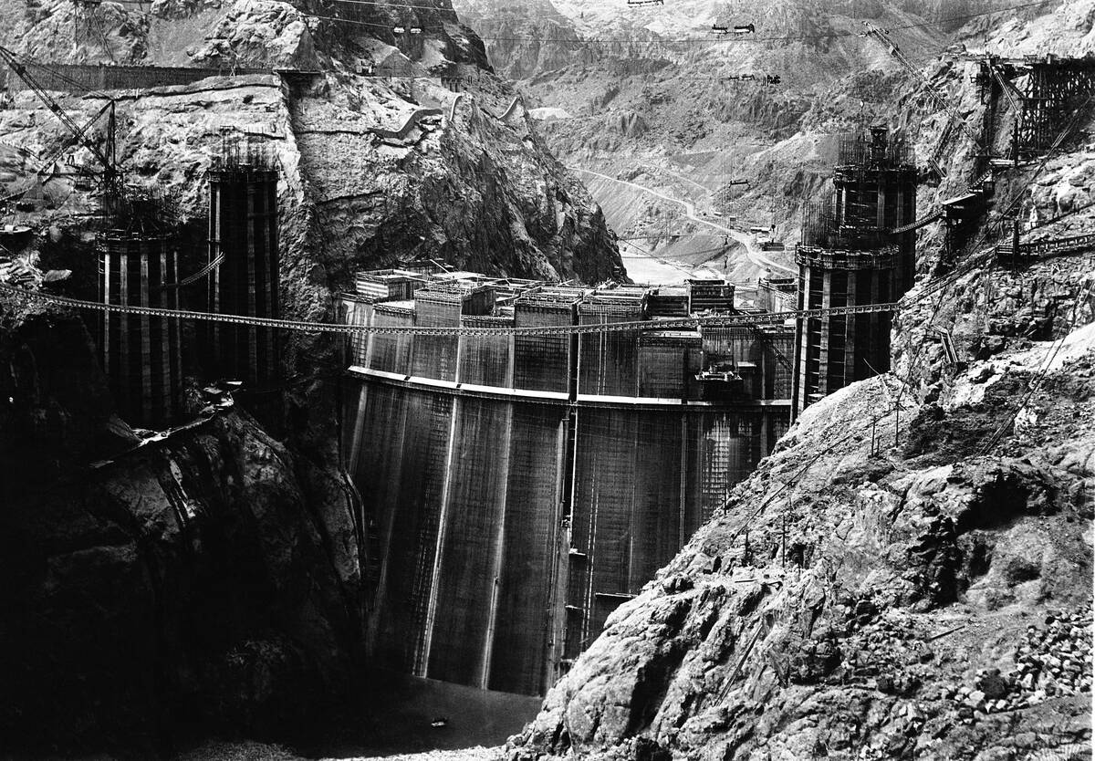 A view of the huge Boulder Dam operation from a high point on the Nevada rim of the Black Canyo ...