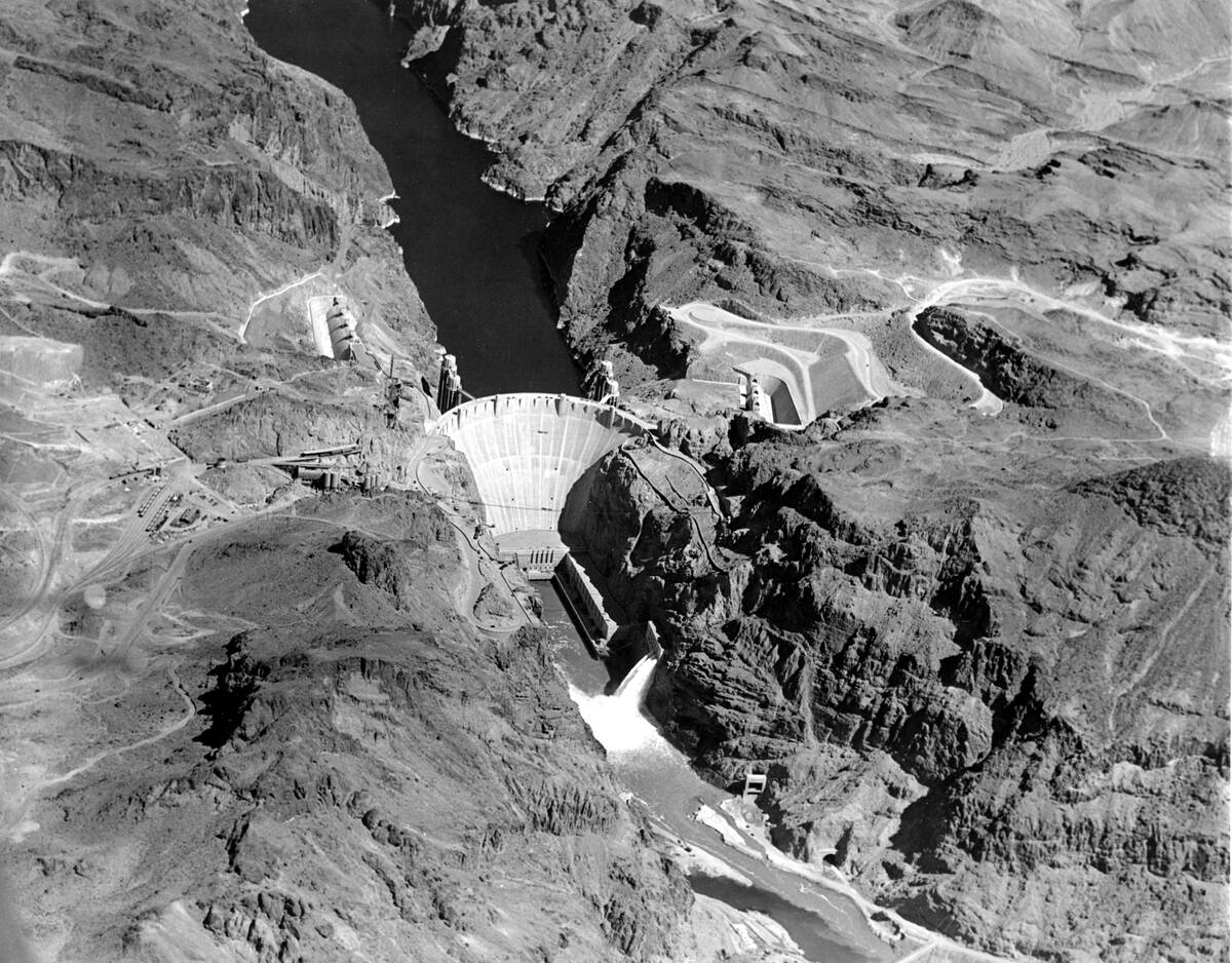 This is an aerial view of the Hoover Dam of the Boulder Canyon project situated in Black Canyon ...