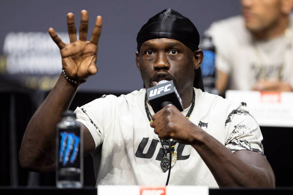 Jared Cannonier participates during an UFC 276 press conference at T-Mobile Arena in Las Vegas, ...