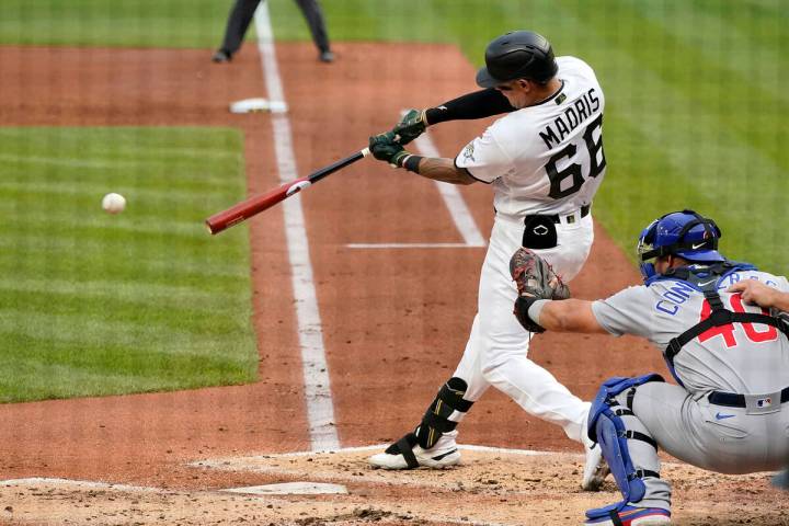 Pittsburgh Pirates' Bligh Madris (66) singles off Chicago Cubs starting pitcher Caleb Kilian, d ...