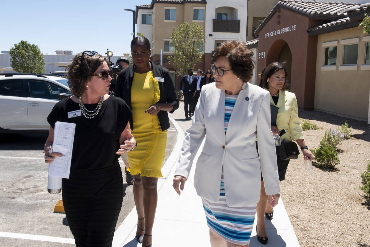 Audra Hamernik, left, president and CEO of Nevada HAND, gives U.S. Senator Jacky Rosen a tour o ...