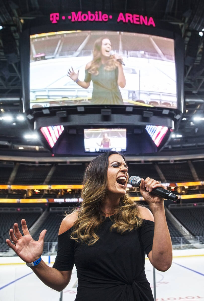 Ashley Fuller performs during auditions to sing the national anthem for Vegas Golden Knights ho ...