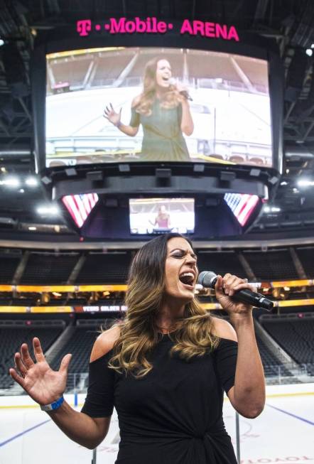 Ashley Fuller performs during auditions to sing the national anthem for Vegas Golden Knights ho ...