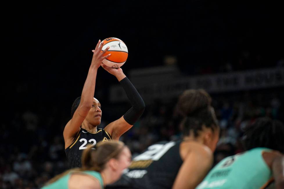 Las Vegas Aces forward A'ja Wilson (22) takes a free throw against the New York Liberty at Mich ...