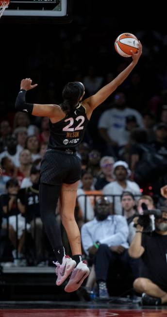 Las Vegas Aces forward A'ja Wilson (22) grabs a rebound during the game against the New York Li ...