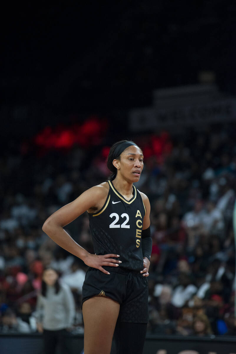 Las Vegas Aces forward A'ja Wilson (22) lines up for a free throw during the game against the N ...