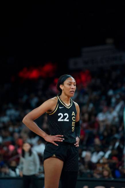 Las Vegas Aces forward A'ja Wilson (22) lines up for a free throw during the game against the N ...