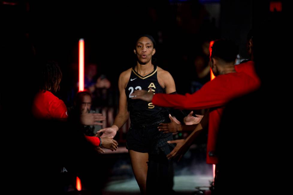 Las Vegas Aces forward A'ja Wilson (22) gets introduced before the game against the New York Li ...