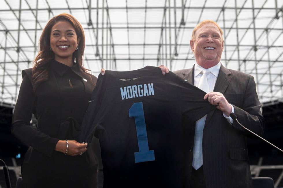 Raiders owner Mark Davis poses for a portrait with new team president Sandra Douglass Morgan on ...