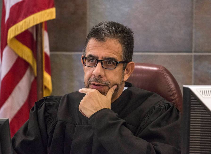 Judge Michael Villani listens during a hearing in Clark County Justice Center on Tuesday, May 1 ...