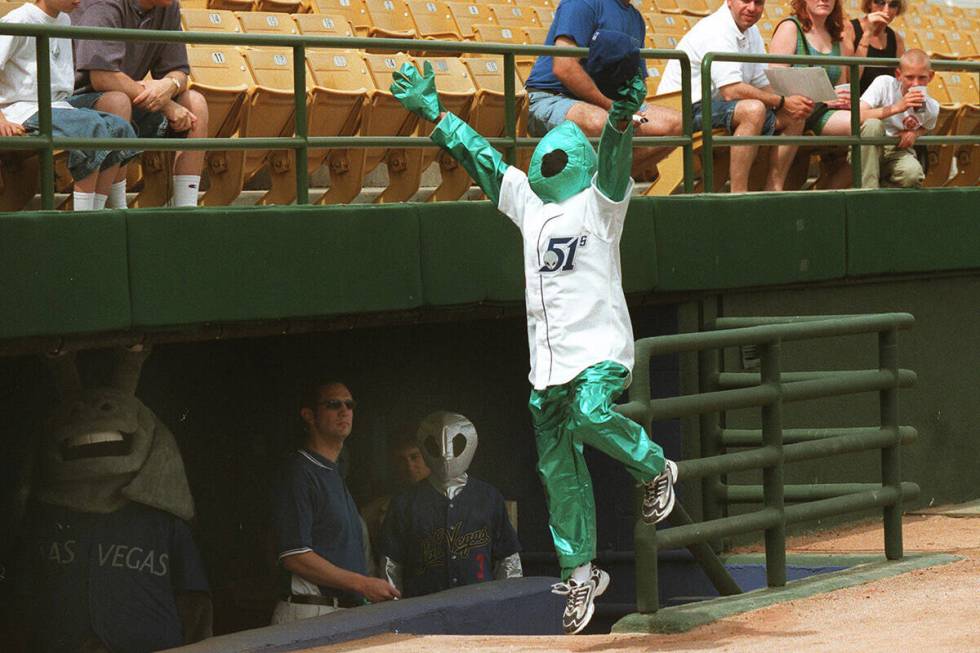 A mascot shows off one of the Las Vegas 51s uniforms at Cashman Field on Saturday, March 24, 20 ...