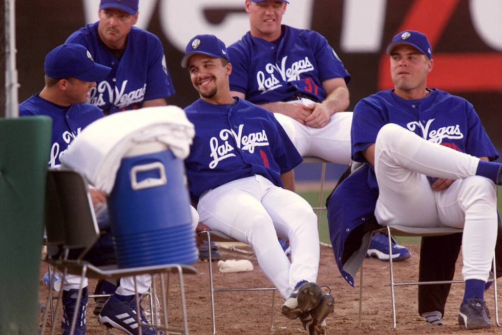 Las Vegas relief pitcher Shane Nance, center, smiles in the bullpen as the 51s take on the Salt ...