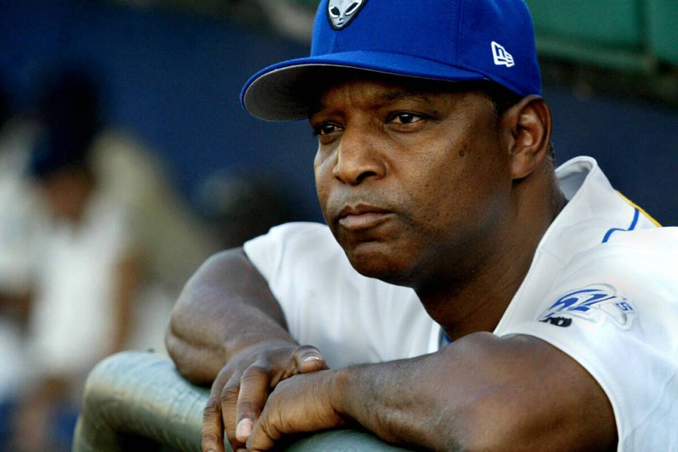 Las Vegas 51s manager Jerry Royster watches a game against Iowa from the dugout at Cashman Fiel ...