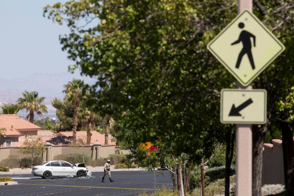 Police respond to a fatal car crash in Summerlin on Thursday, July 7, 2022, in Las Vegas. (Stee ...