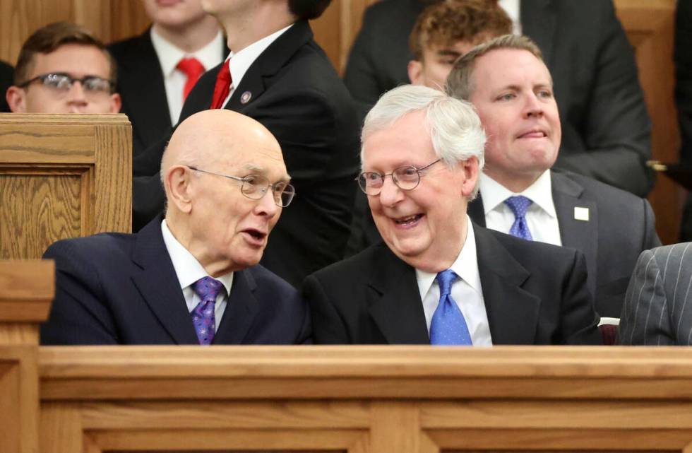 President Dallin H. Oaks, left, first counselor in the First Presidency of The Church of Jesus ...