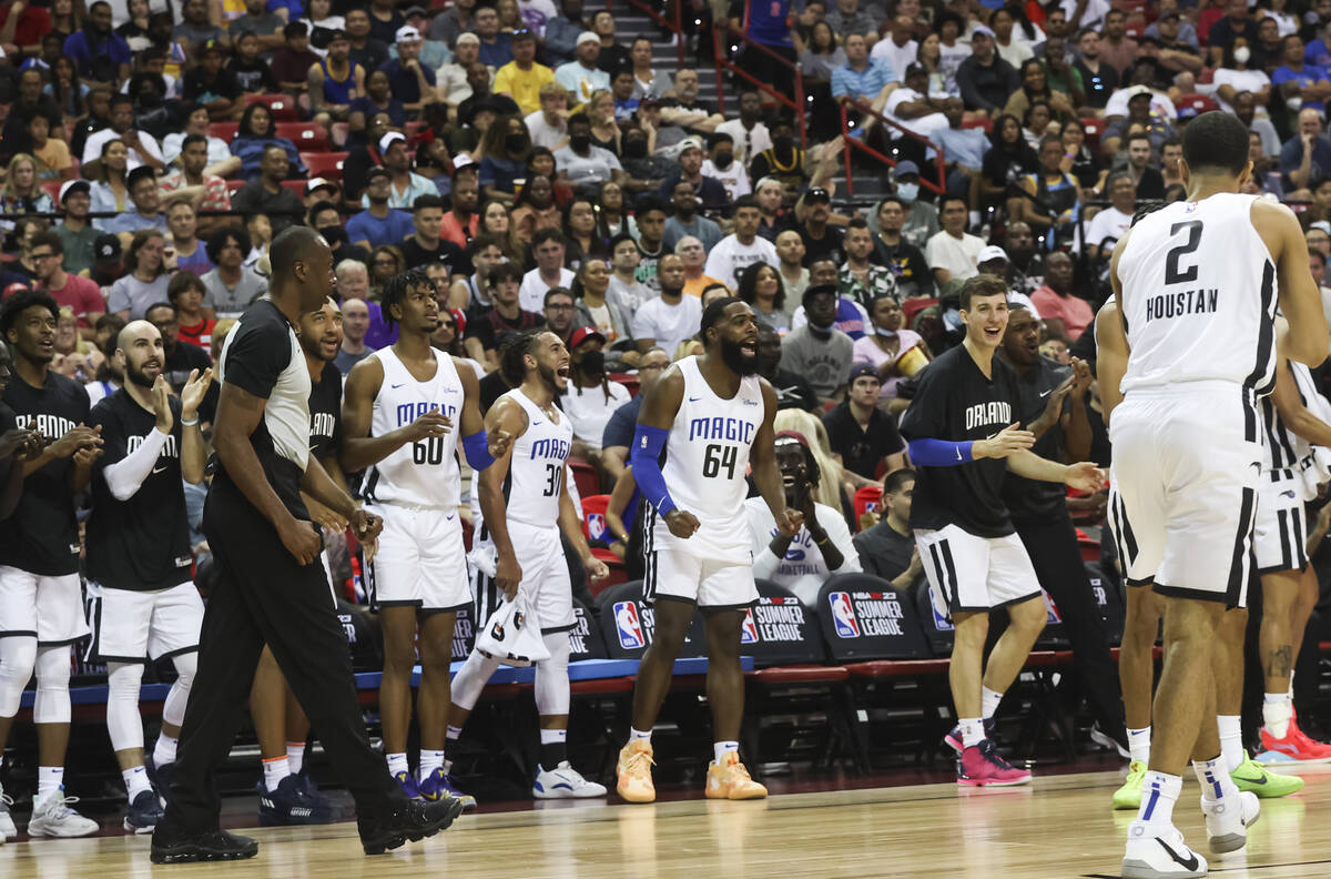 Orlando Magic players react as they play the Houston Rockets during the first half of the first ...