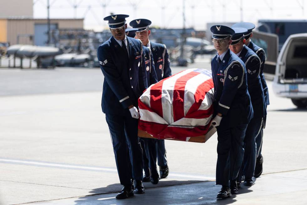 Members of the Nellis Air Force Base honor guard carry the casket of Brooklynn Fellure, a veter ...