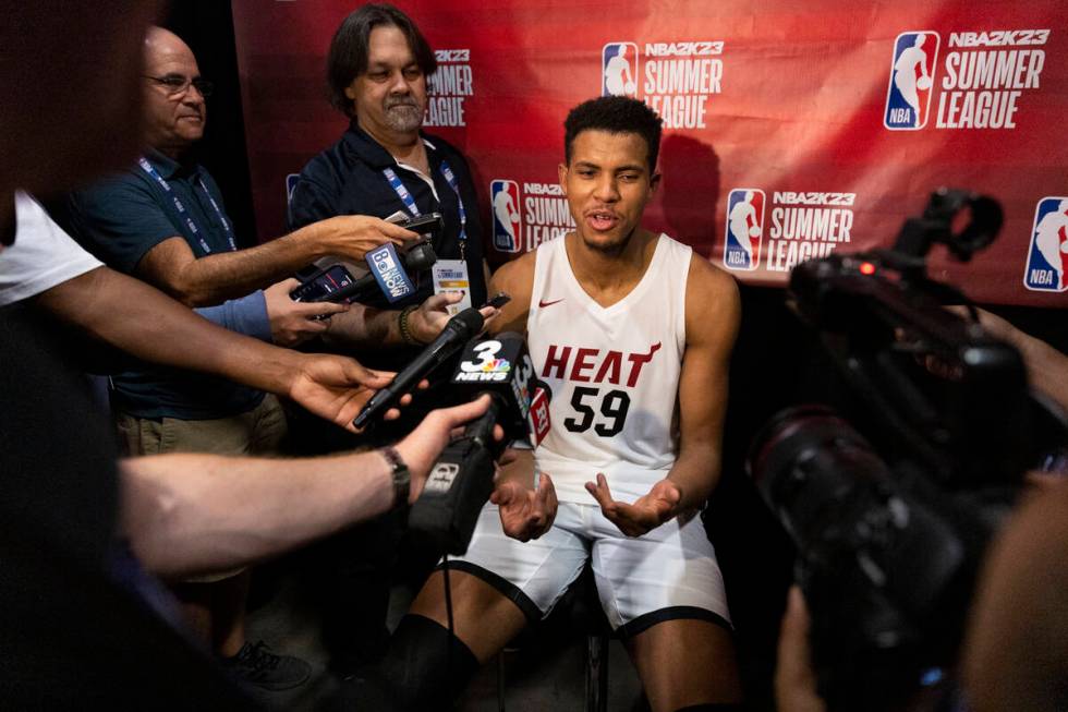 Miami Heat's Orlando Robinson (59) is interviewed following a NBA Summer League basketball game ...