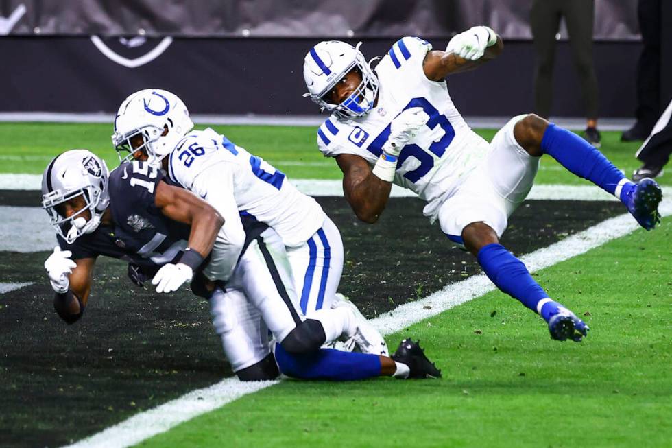 Indianapolis Colts cornerback Rock Ya-Sin (26) breaks up a pass intended for Raiders wide recei ...