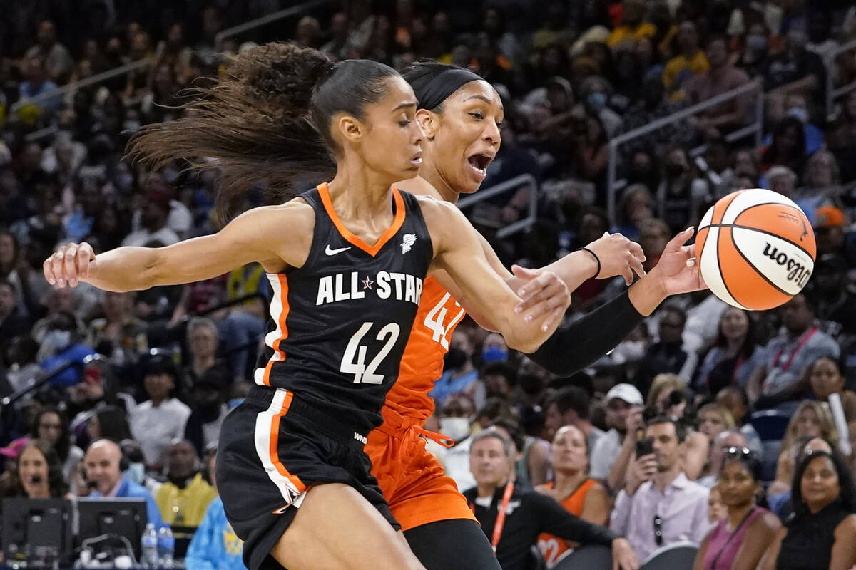 Team Stewart's Skylar Diggins-Smith, left, and Team Wilson's A'ja Wilson chase the ball during ...