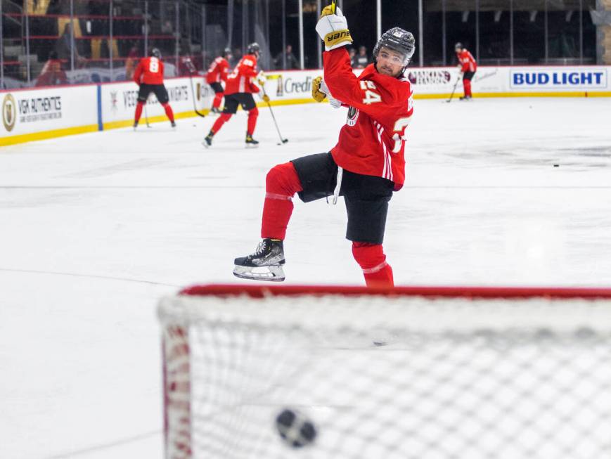 Golden Knights Brendan Brisson (24) takes part in development camp at City National Arena on Mo ...