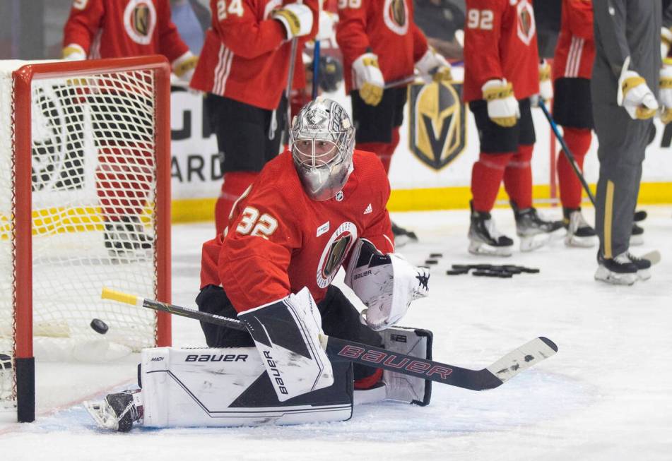 Golden Knights Jesper Vikman (32) takes part in development camp at City National Arena on Mond ...