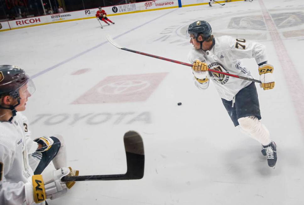 Golden Knights forward Ryder Donovan skates around the puck during development camp at City Nat ...