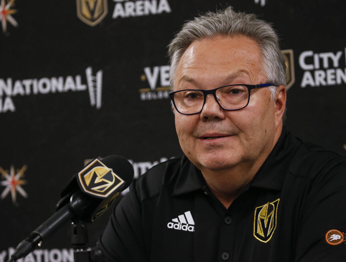 Golden Knights general manager Kelly McCrimmon speaks with members of the media at City Nationa ...