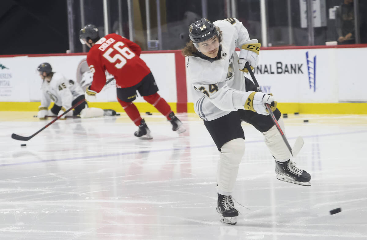 Golden Knights forward Daniil Bourash shoots the puck during development camp at City National ...