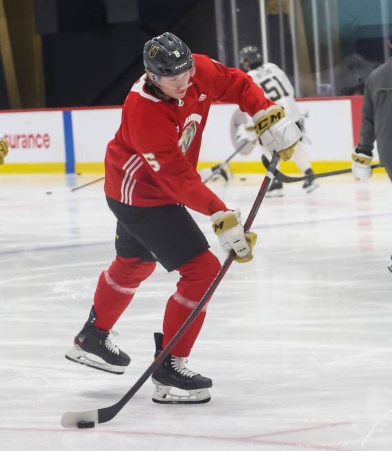 Golden Knights defenseman Kaedan Korczak shoots the puck during development camp at City Nation ...