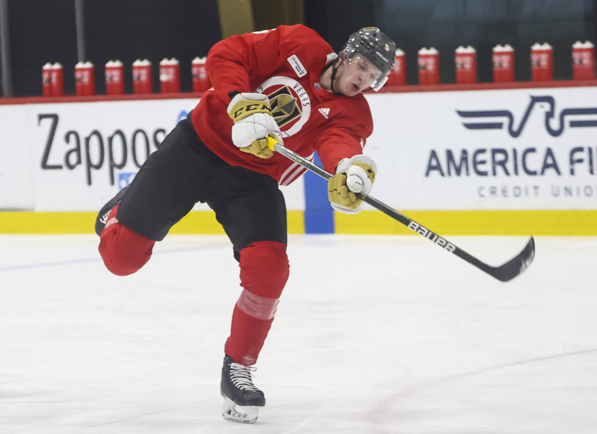 Golden Knights defenseman Daniil Chayka shoots the puck during development camp at City Nationa ...